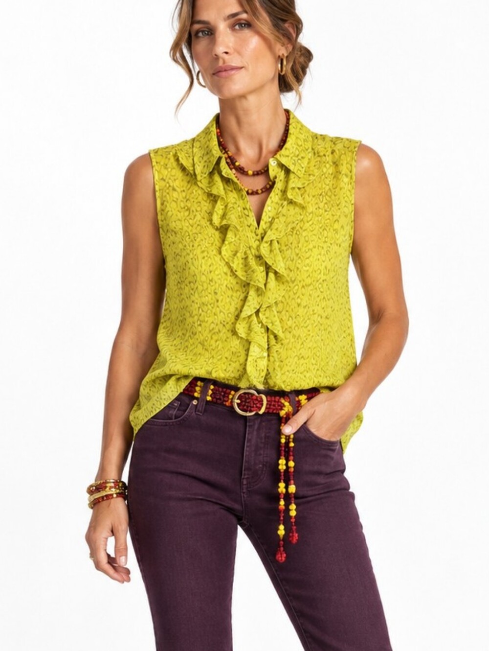 Cabi Reign chartreuse sleeveless ruffle blouse 3071